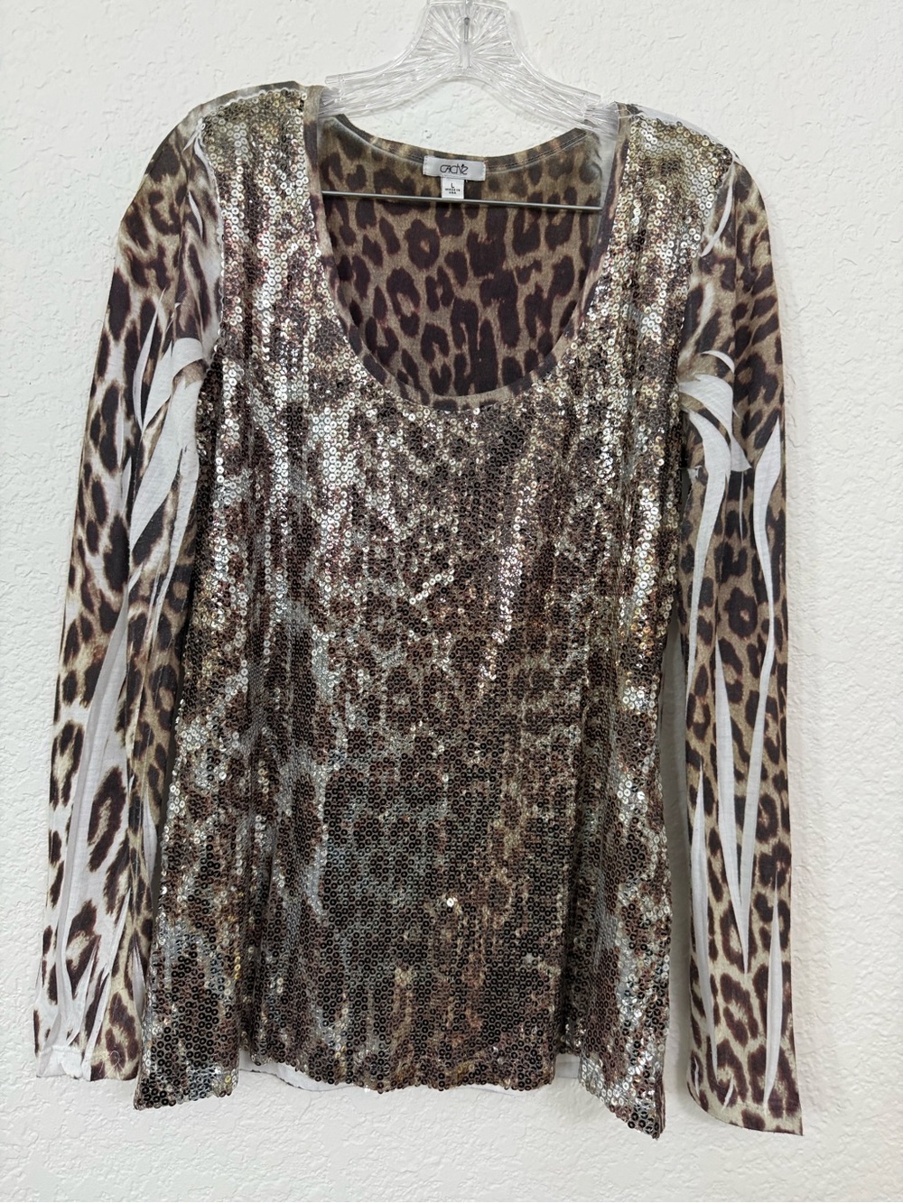 Cache Brown Leopard Sequin Long Sleeve Scoop Neck Top